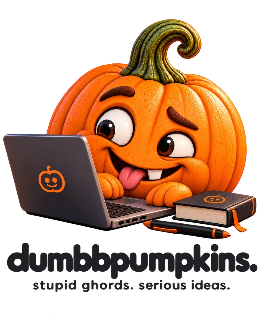dumbbpumpkins mascot and its official dark-lettering wordmark and tagline.